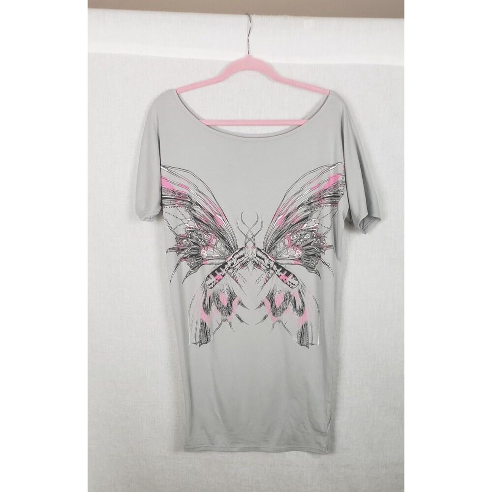 Key Closet Womens Butterfly Moth Tee Shirt M Gray Pink Y2K Casual Whimsigoth USA